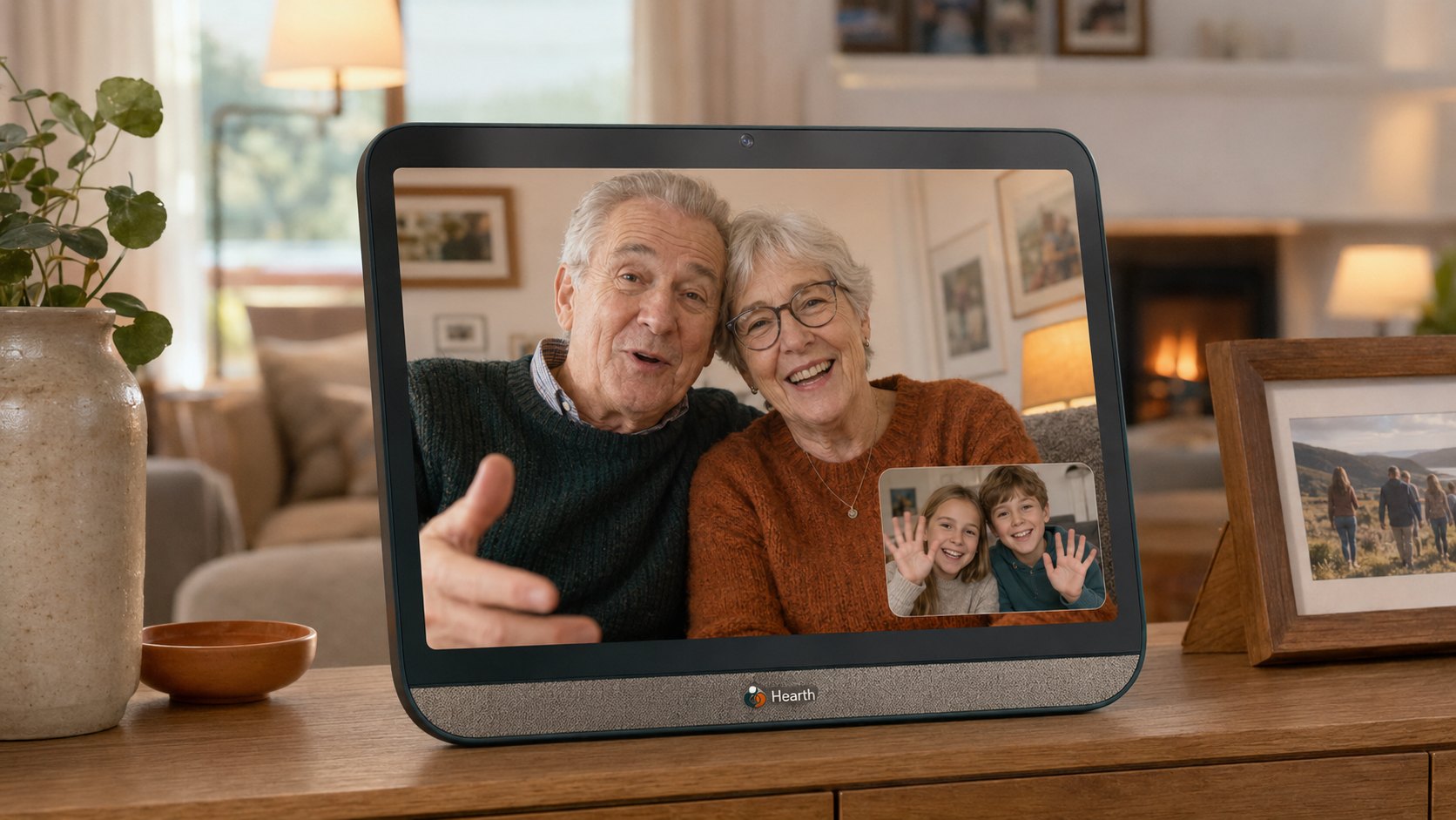 Videosamtale med besteforeldre på Hearth-skjermen i stua